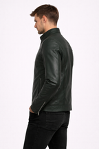 Men's Dark Green Cafe Racer Leather Jacket - Left