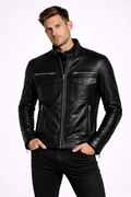 Men's Band Collar Biker Leather Jacket - Front