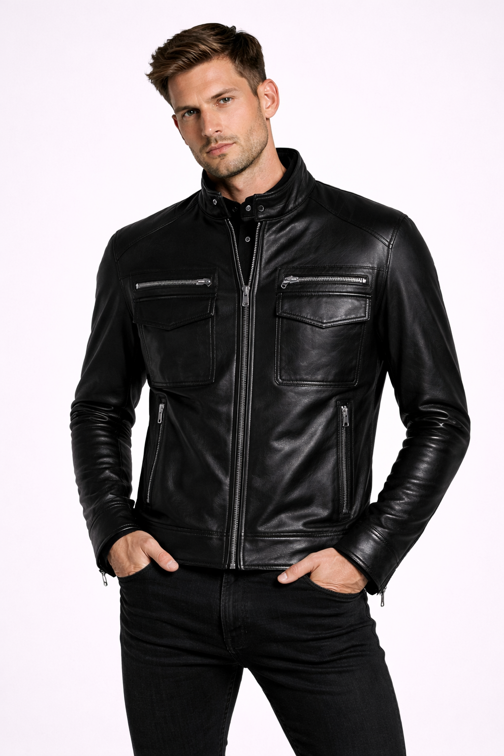 Men's Band Collar Biker Leather Jacket - Front