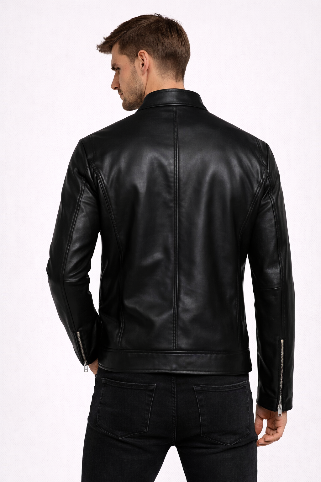 Men's Band Collar Biker Leather Jacket - Back
