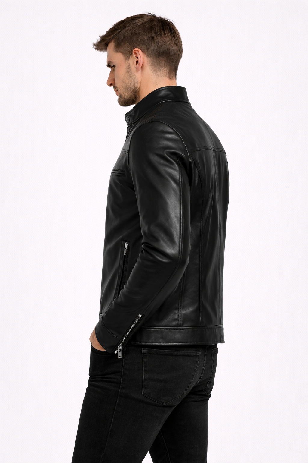 Men's Band Collar Biker Leather Jacket - Left