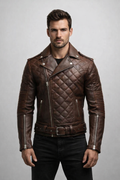 Men's Quilted Biker Brown Leather Jacket - Front