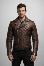 Men's Quilted Biker Brown Leather Jacket - Front
