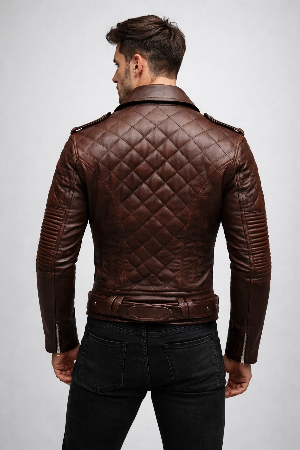 Men's Quilted Biker Brown Leather Jacket - Back