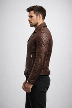 Men's Quilted Biker Brown Leather Jacket - Left