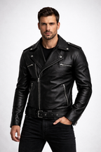 Men's Black PU Leather Biker Jacket - Front