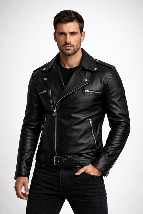 Men's Black PU Leather Biker Jacket - Front