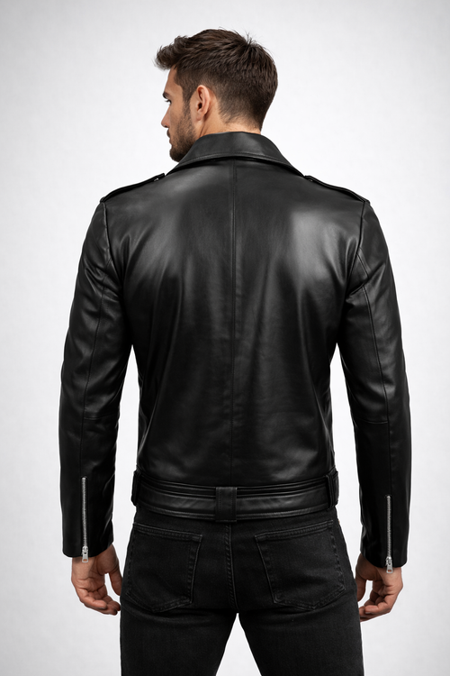 Men's Black PU Leather Biker Jacket - Back