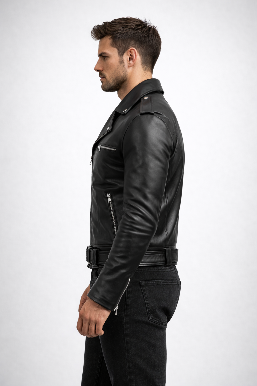 Men's Black PU Leather Biker Jacket - Left
