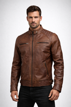 Men's Black Lambskin Leather Biker Jacket - Front
