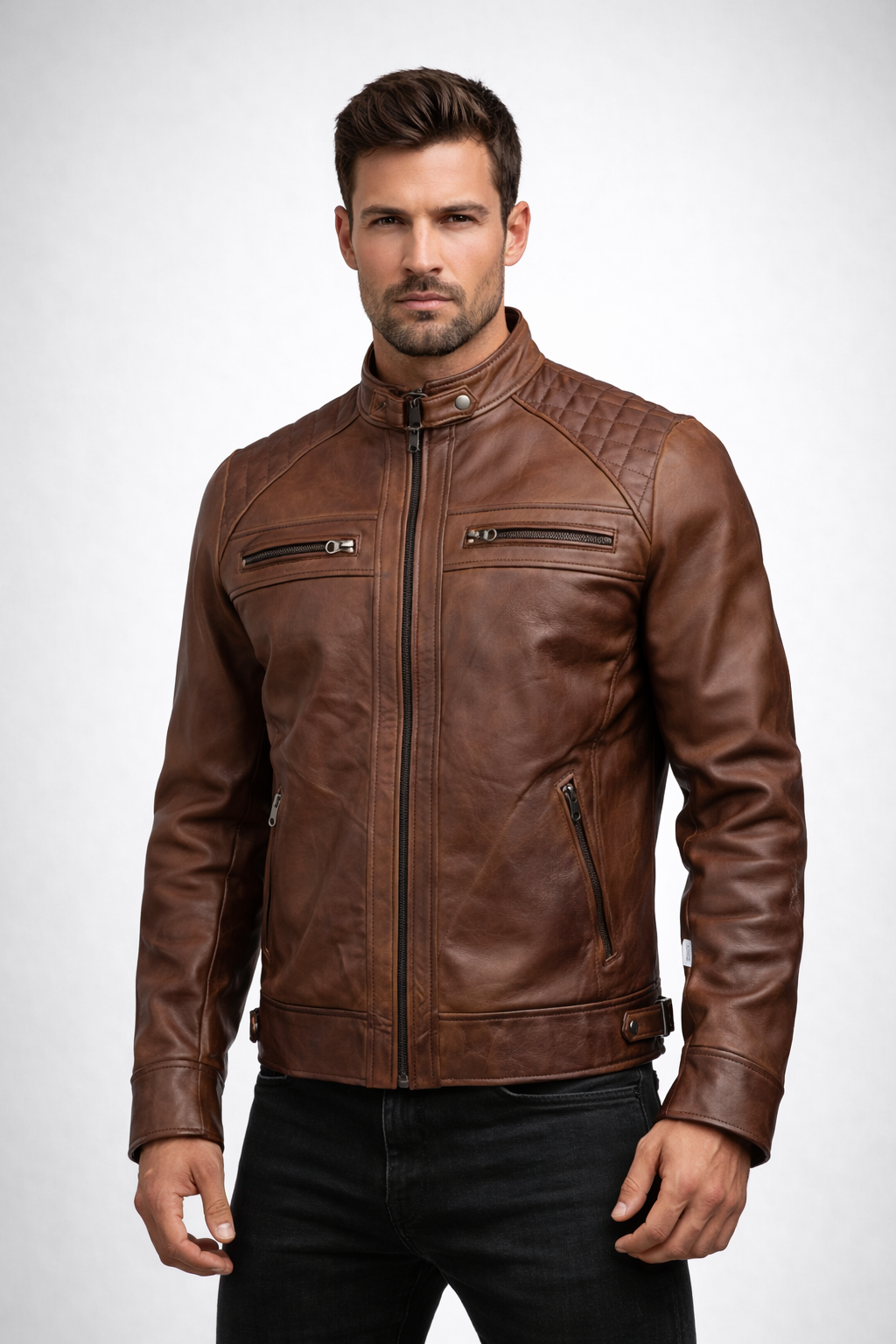Men's Black Lambskin Leather Biker Jacket - Front