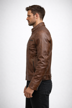 Men's Black Lambskin Leather Biker Jacket - Back
