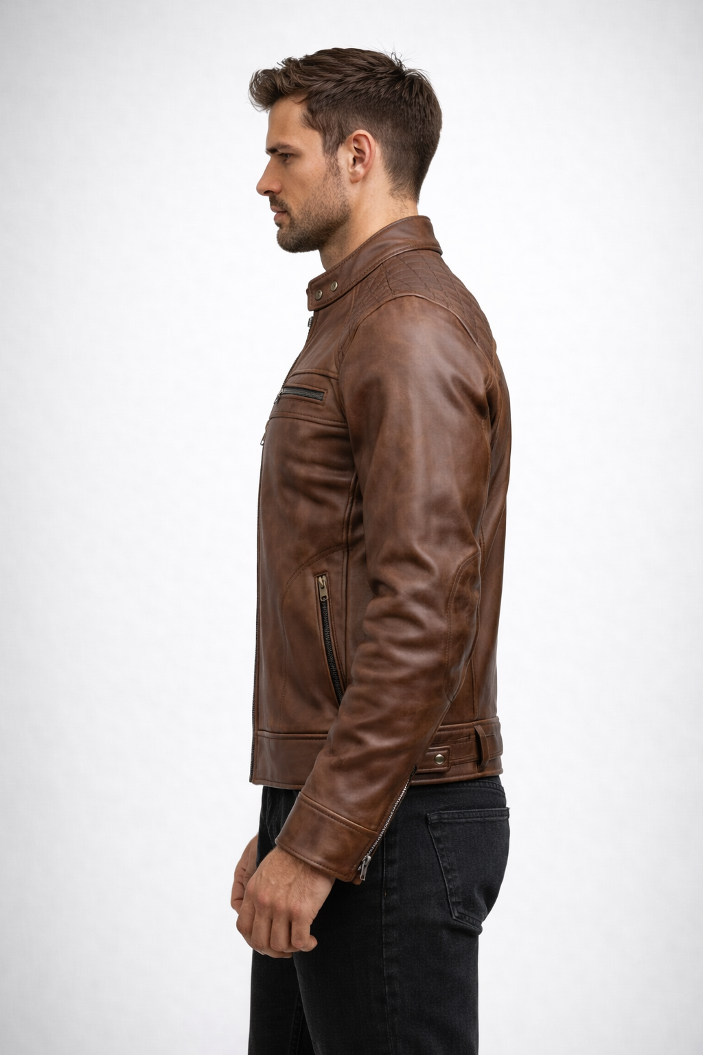 Men's Black Lambskin Leather Biker Jacket - Back