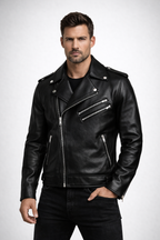 Men's Black Leather Biker Jacket - Front
