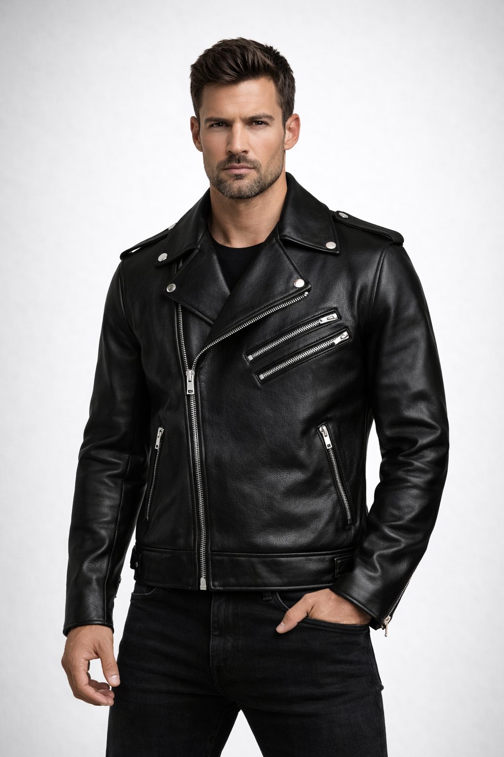 Men's Black Leather Biker Jacket - Front