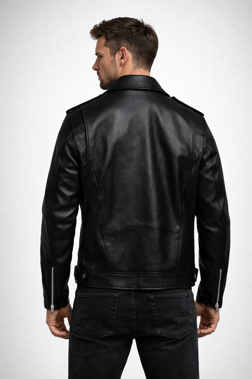 Men's Black Leather Biker Jacket - Back