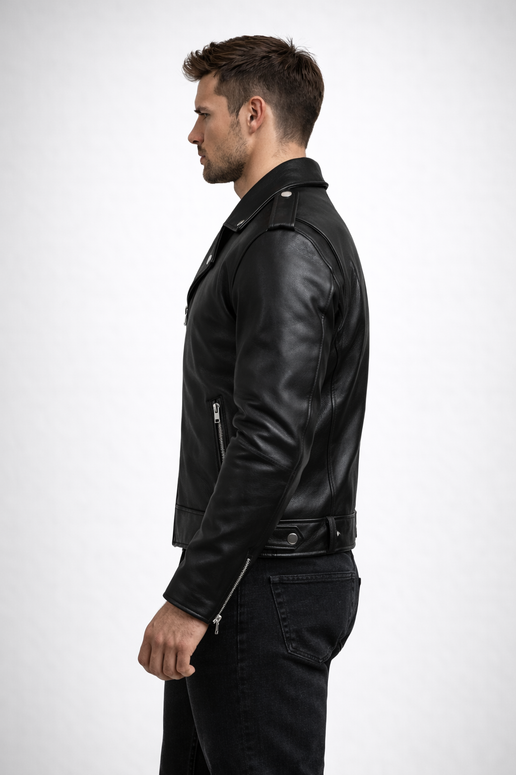 Men's Black Leather Biker Jacket - Left