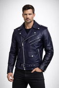 Men's Blue Runway Biker Leather Jacket - Front