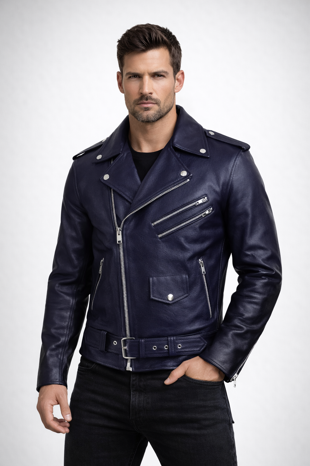 Men's Blue Runway Biker Leather Jacket - Front