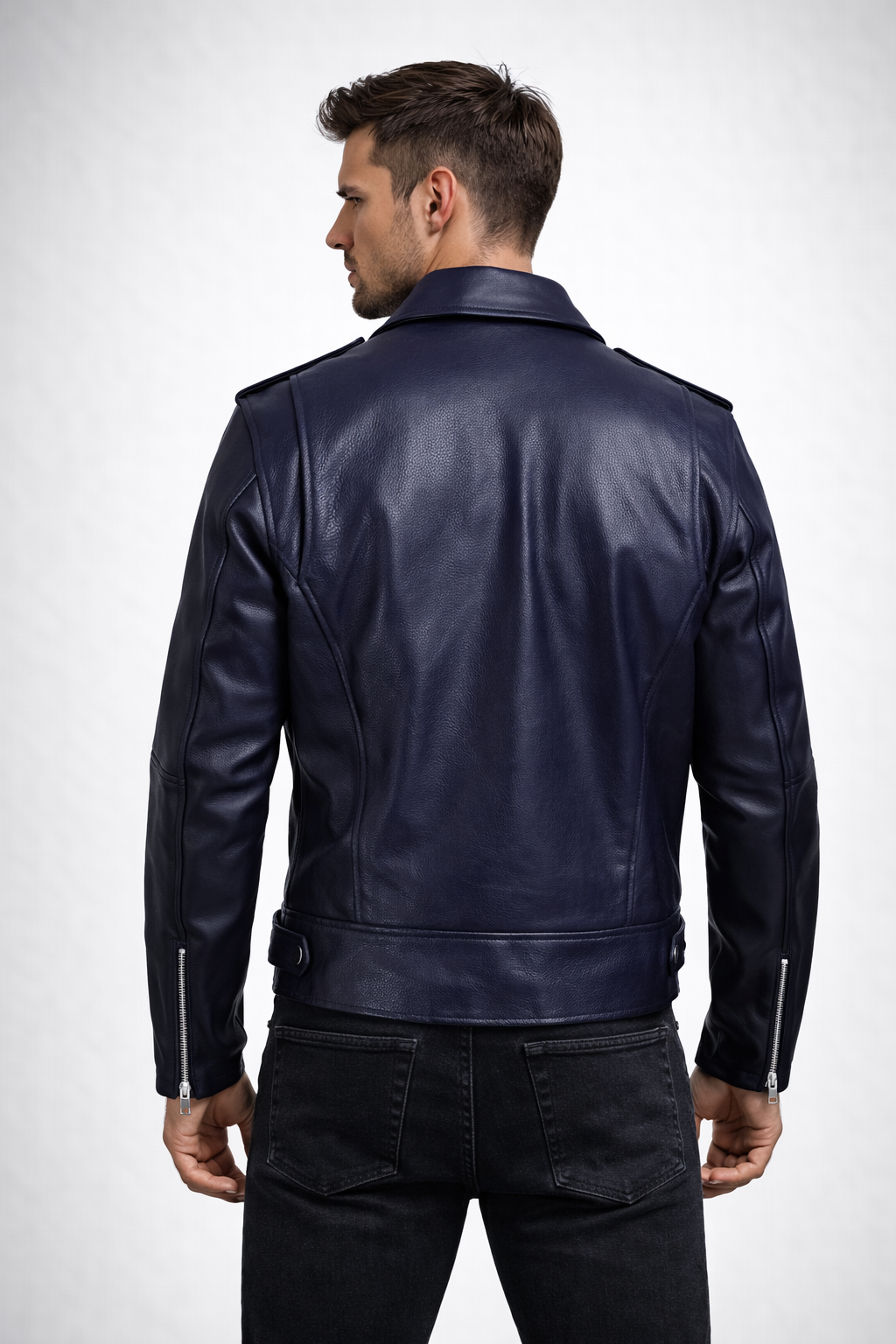 Men's Blue Runway Biker Leather Jacket - Left