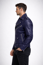 Men's Blue Runway Biker Leather Jacket - Back