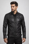 Men's Black Cafe Racer Leather Jacket - Front