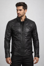 Men's Black Cafe Racer Leather Jacket - Front