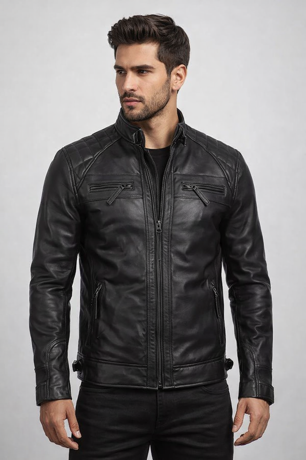 Men's Black Cafe Racer Leather Jacket - Front