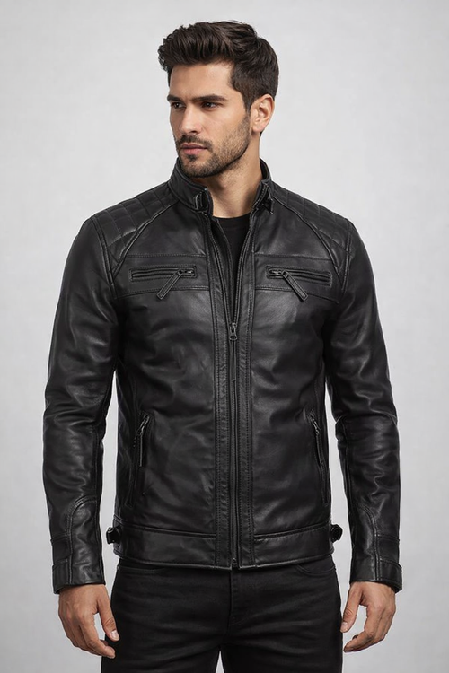 Men's Black Cafe Racer Leather Jacket - Front