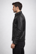 Men's Black Cafe Racer Leather Jacket - Back
