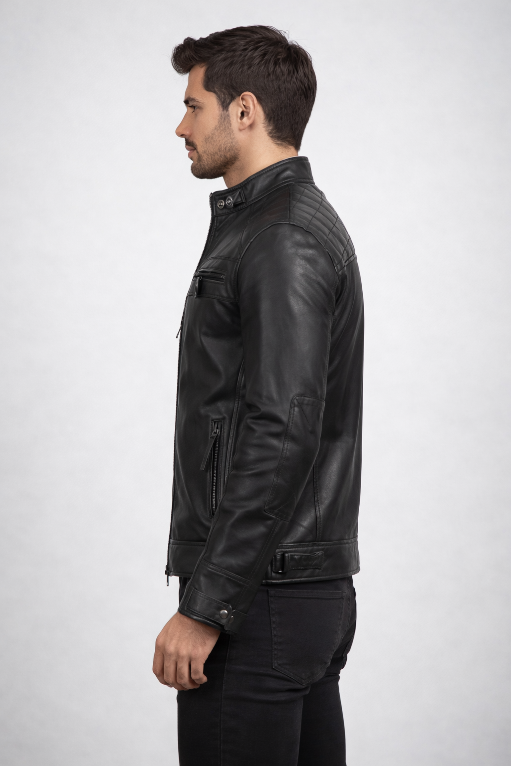 Men's Black Cafe Racer Leather Jacket - Back
