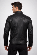 Men's Black Cafe Racer Leather Jacket - Left