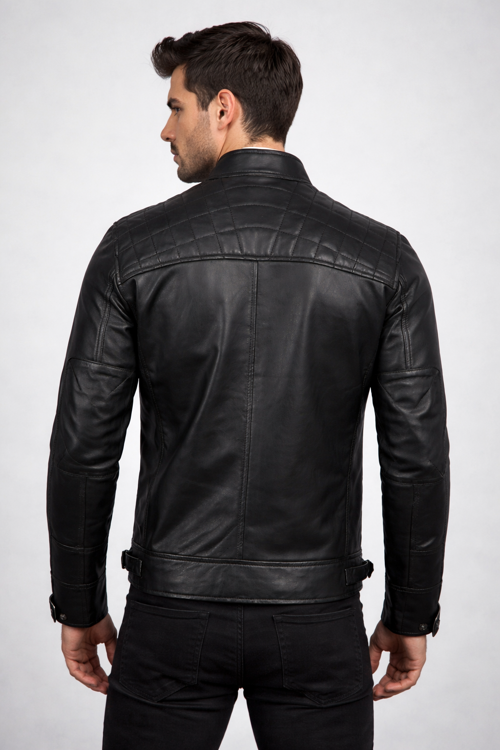 Men's Black Cafe Racer Leather Jacket - Left