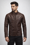 Men's Dark Brown Cafe Racer Leather Jacket - Front