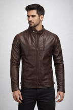 Men's Dark Brown Cafe Racer Leather Jacket - Front