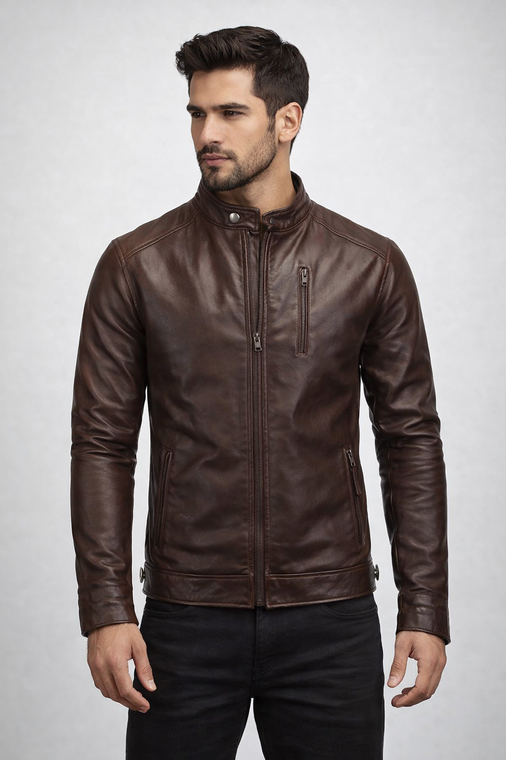 Men's Dark Brown Cafe Racer Leather Jacket - Front