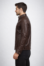 Men's Dark Brown Cafe Racer Leather Jacket - Left