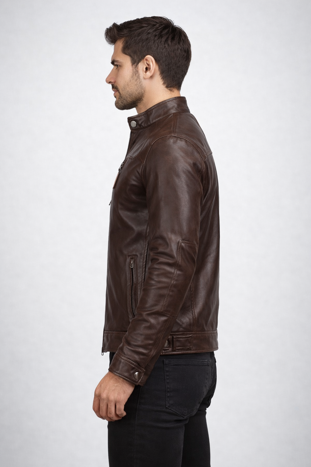 Men's Dark Brown Cafe Racer Leather Jacket - Left