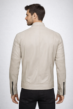 Men's Beige Cafe Racer Leather Jacket - Back