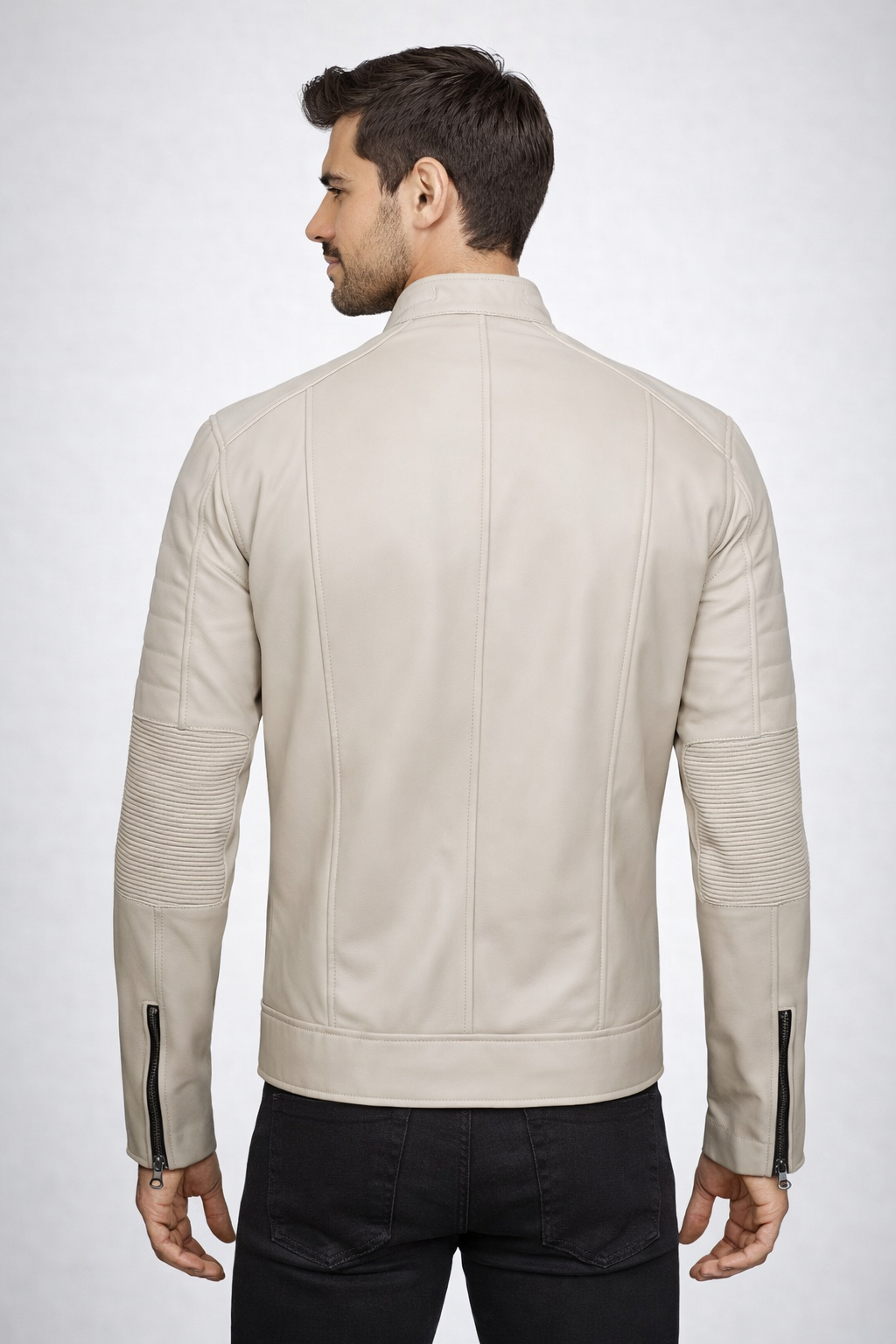 Men's Beige Cafe Racer Leather Jacket - Back