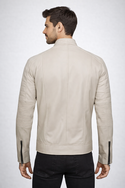 Men's Beige Cafe Racer Leather Jacket - Back