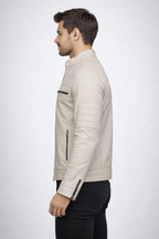 Men's Beige Cafe Racer Leather Jacket - Left