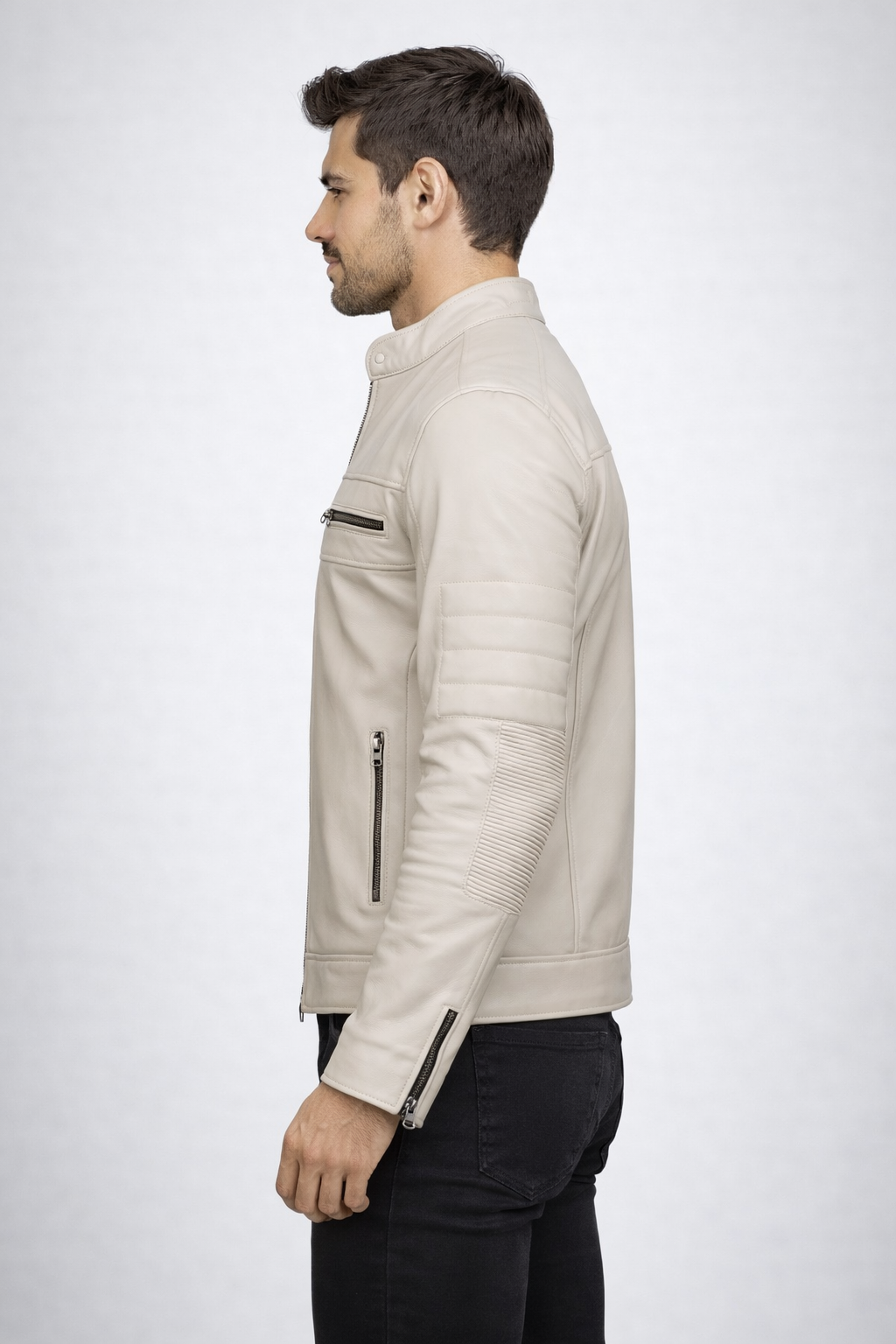 Men's Beige Cafe Racer Leather Jacket - Left