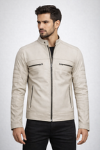 Men's Beige Cafe Racer Leather Jacket - Front