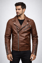 Men's Brown Biker Leather Jacket - Front