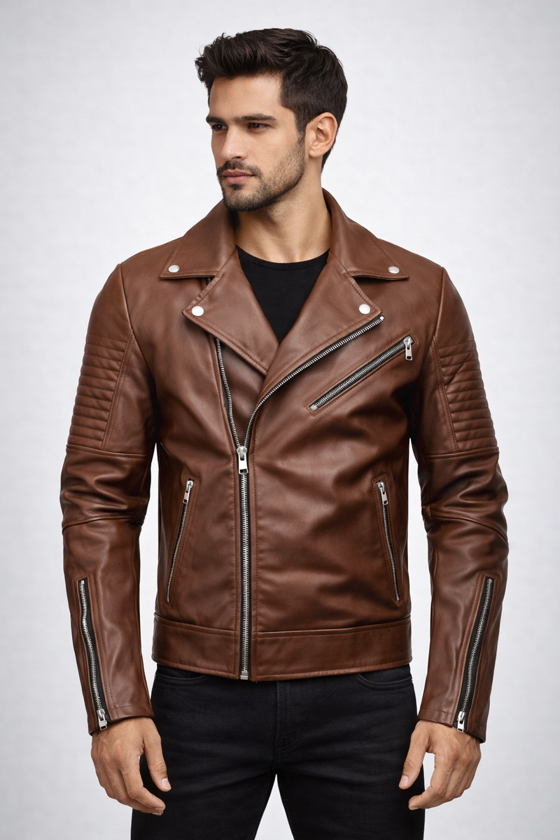 Men's Brown Biker Leather Jacket - Front