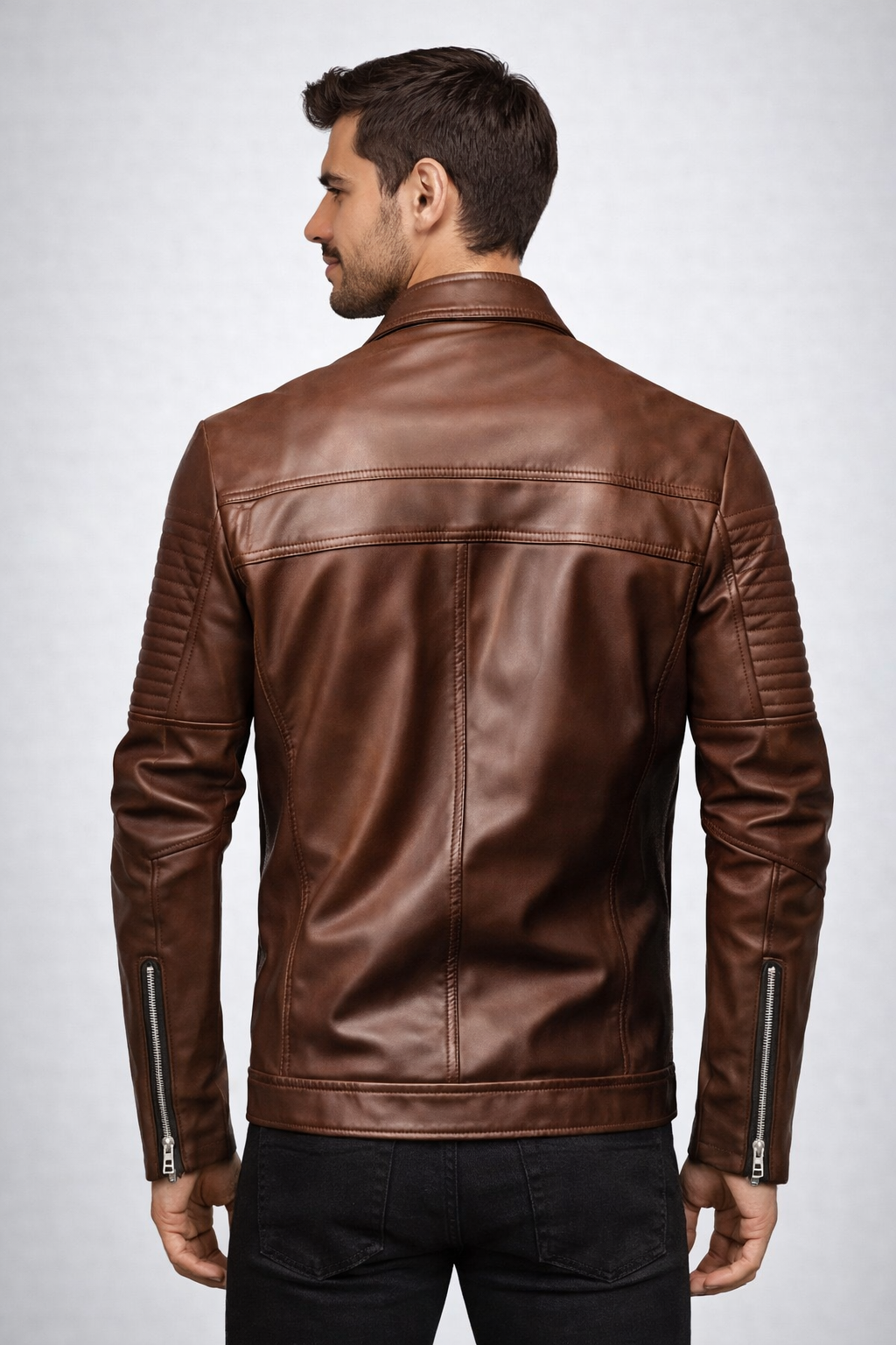 Men's Brown Biker Leather Jacket - Back