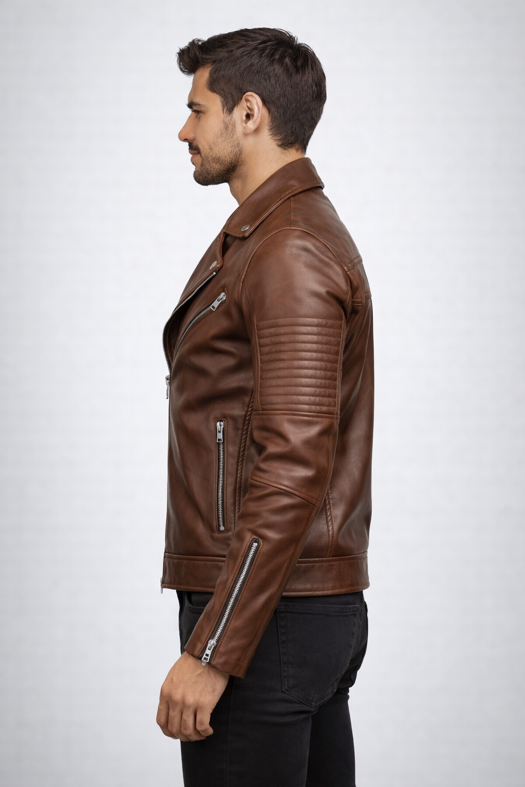 Men's Brown Biker Leather Jacket - Left