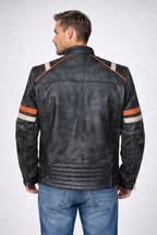 Men's Distressed Black Cafe Racer Leather Jacket - Back