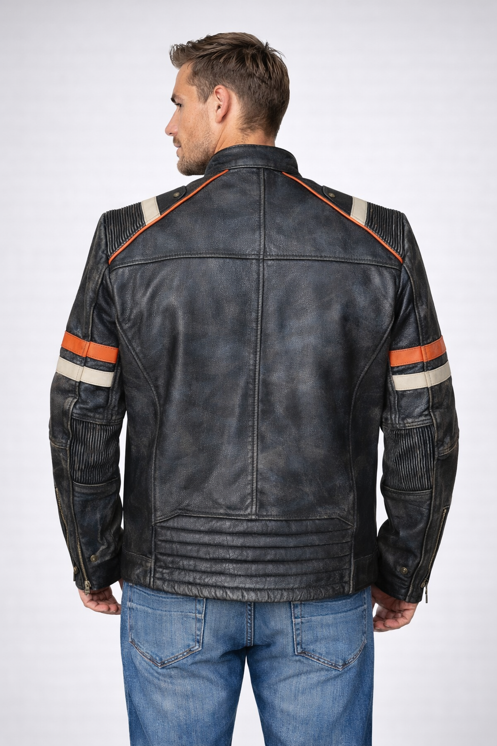 Men's Distressed Black Cafe Racer Leather Jacket - Back